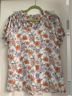 Amazon Essentials Floral Smocked Neck Blouse in Orange, Lavender & White